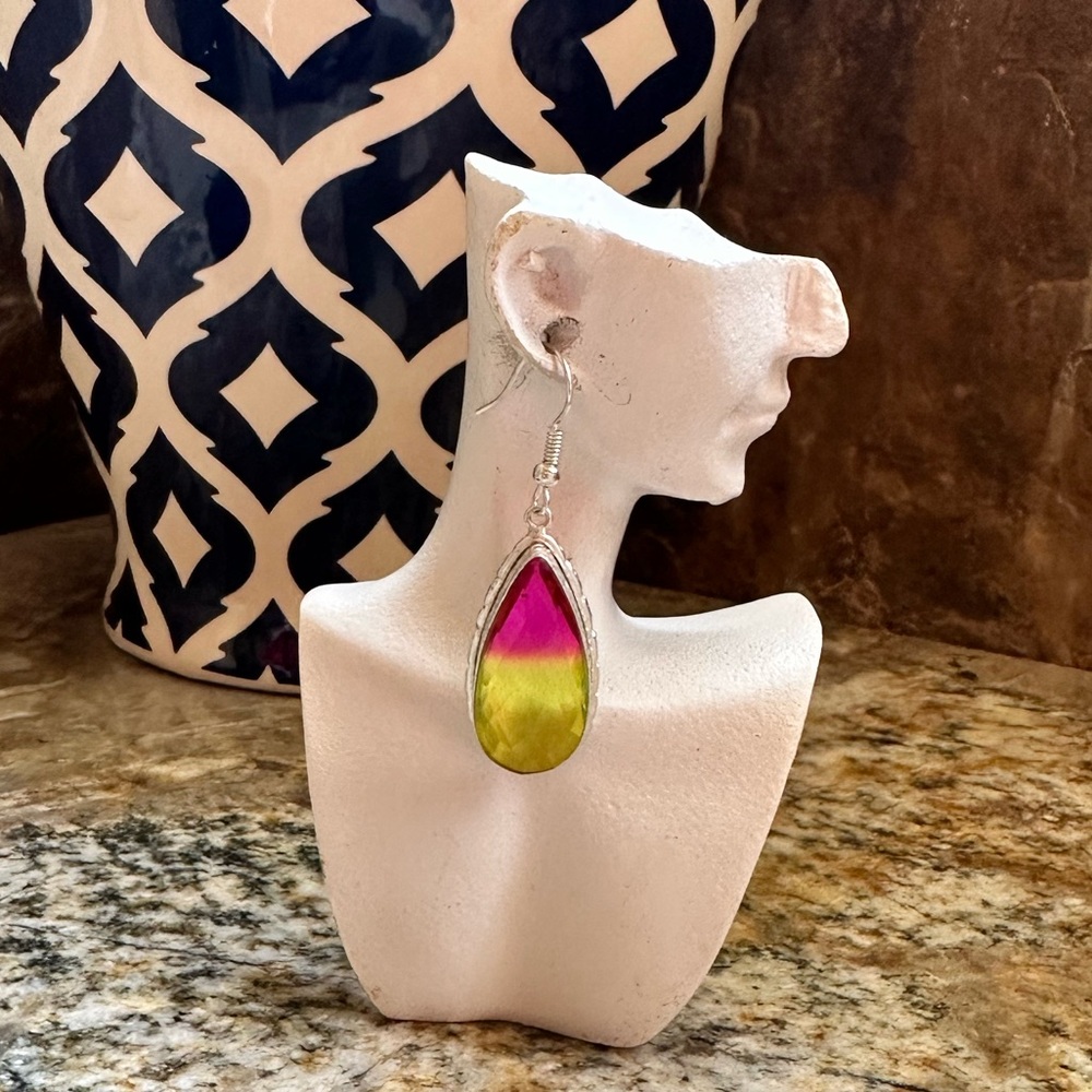 Silver Pink Yellow Tourmaline Stone Earrings